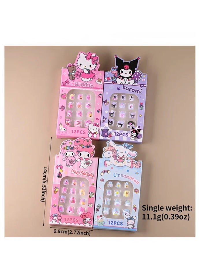 12pcs KT الصحافة على الأظافر للأطفال ، نصائح الأظافر الكاذبة الكرتون لطيف مع أداة مانيكير ، مجموعة تصحيح الأظافر DIY القابلة للإزالة للبنات - Image 2